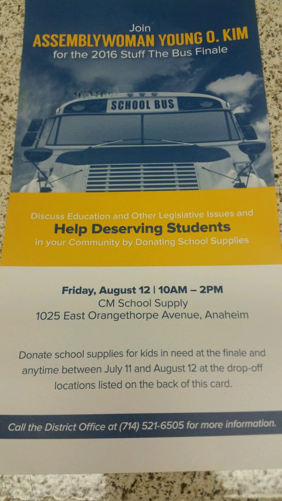 Stuff the bus school supplies donation event Anaheim 2016 flyer