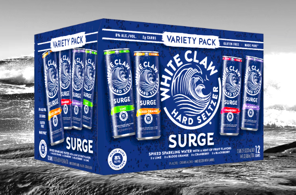 A box of White Claw Surge Hard Seltzer with variety of flavors 