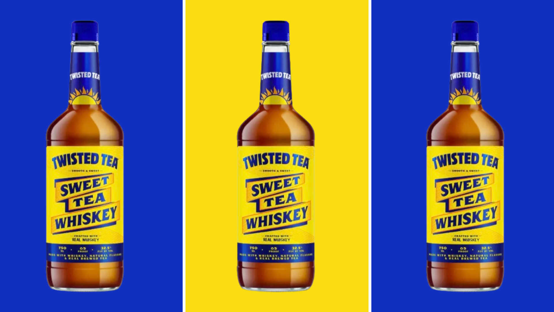 Three bottles of Twisted Tea Whiskey in blue and yellow background