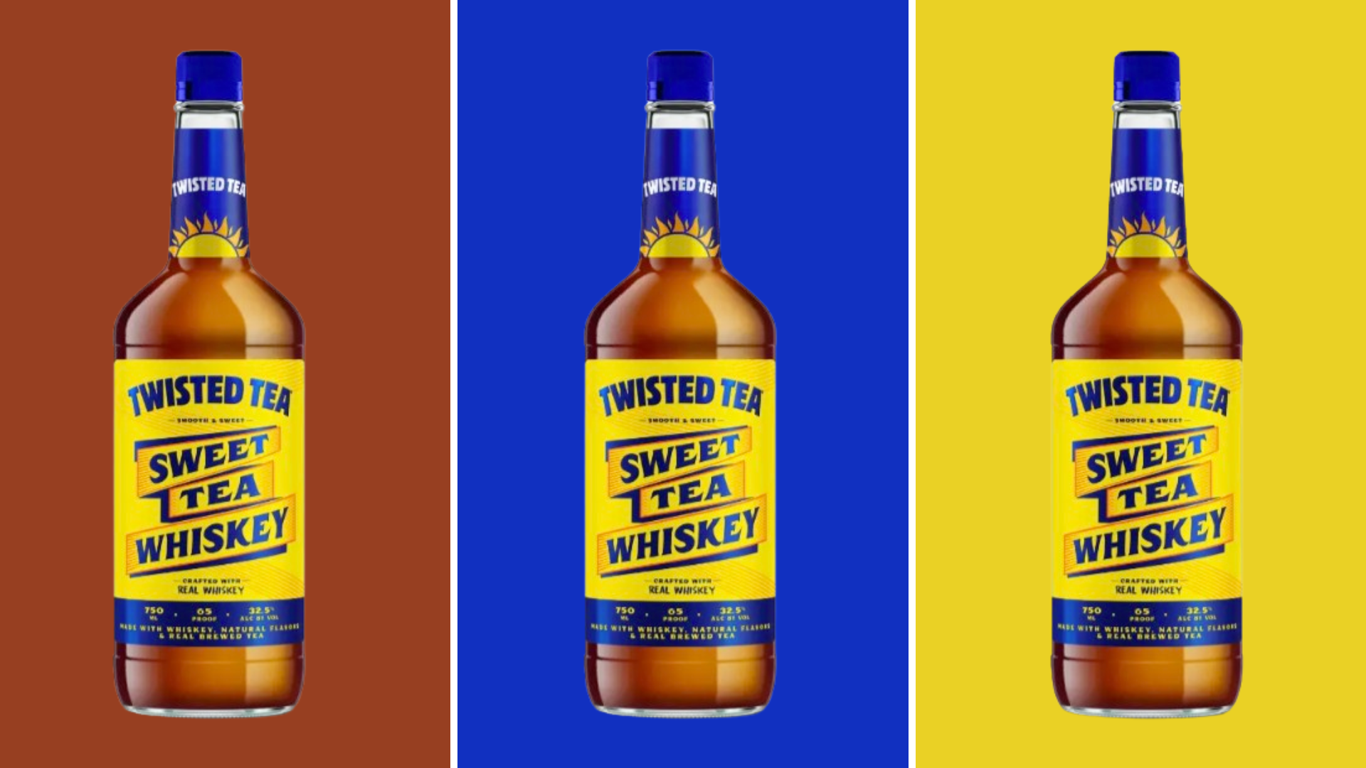 Twisted Tea bottles on brown, yellow and blue background